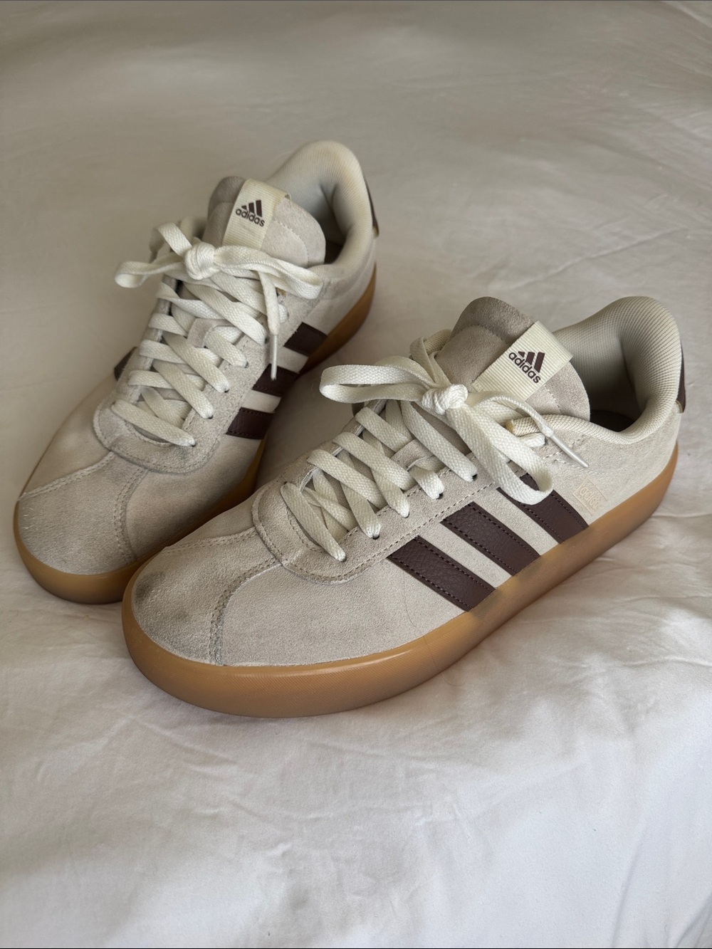 adidas Beige Suede Sneakers with Brown Stripes and Gum Sole